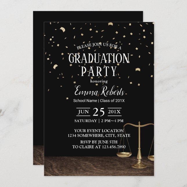 Invitation Law School Future Avocat Gold Confetti Graduation (Devant / Derrière)