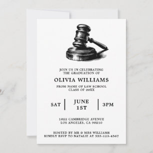 Invitation Law School Gavel Black & White Graduation Party