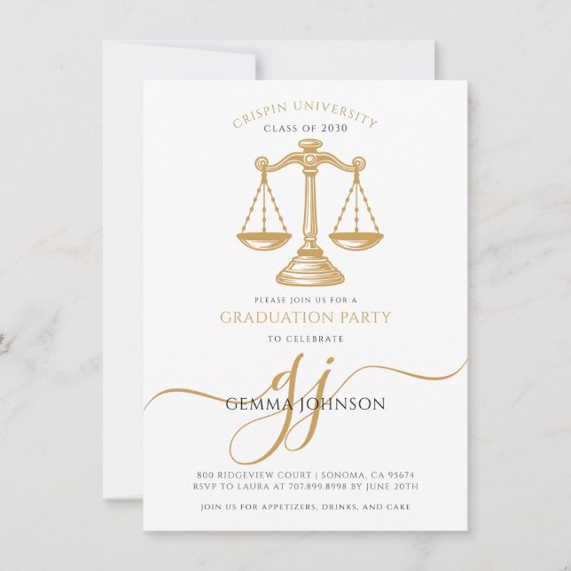Invitation Law School Gold Script Photo Graduation Party (Devant)