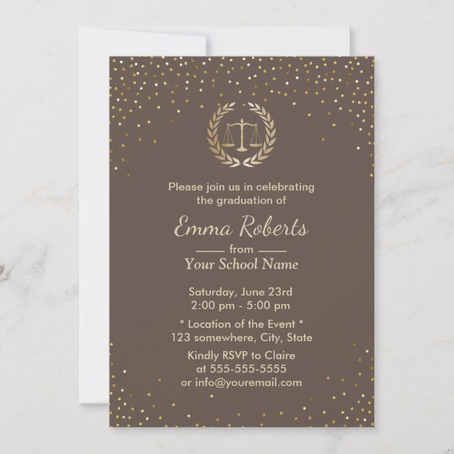 Invitation Law School Graduation Party Gold Confetti Moderne (Devant)