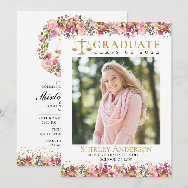 Invitation Law School Graduation Party Grad Photo rose floral (Devant / Derrière)
