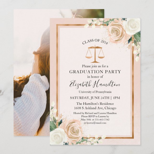Invitation Law School Graduation Party Photo Blush Floral (Devant / Derrière)