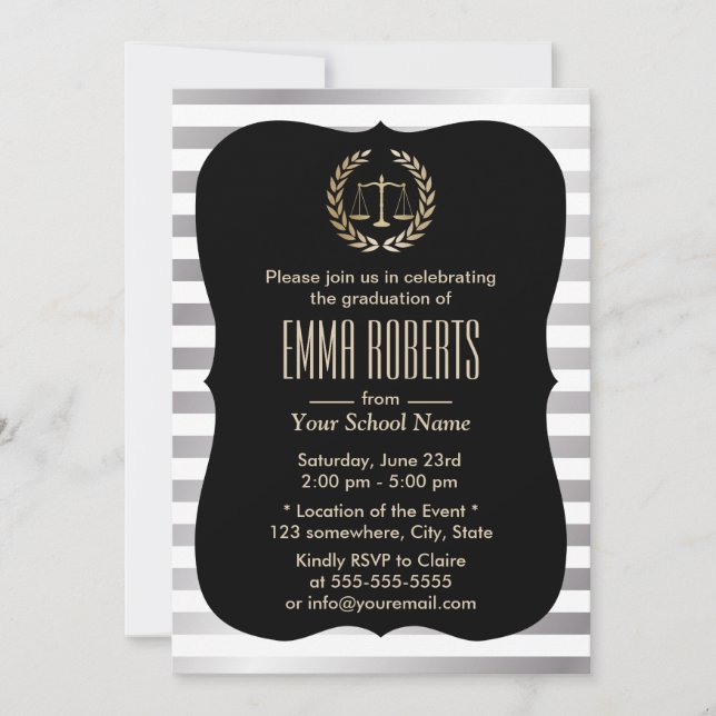 Invitation Law School Modern Silver Stripes Graduation Party (Devant)