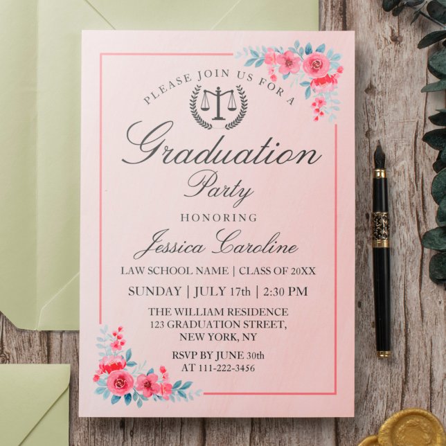 Invitation Law School Moderne Graduation Party Avec Fleurs (Créateur téléchargé)
