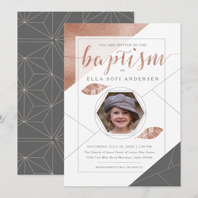 INVITATION LDS BAPTISM | Collection Boho Feather (Devant / Derrière)