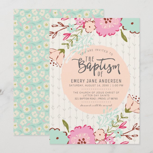 INVITATION LDS BAPTISM | Élégant Chic Floral Girl (Devant / Derrière)