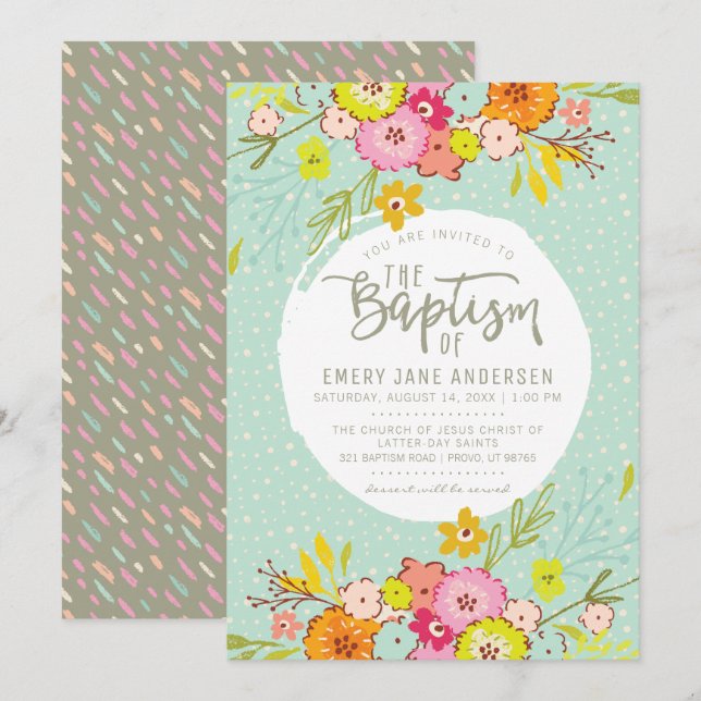 INVITATION LDS BAPTISM | Fille florale brillante m (Devant / Derrière)
