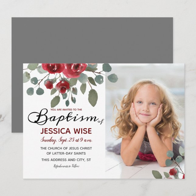 Invitation LDS Baptism Girl Aquarelle Rose Floral (Devant / Derrière)