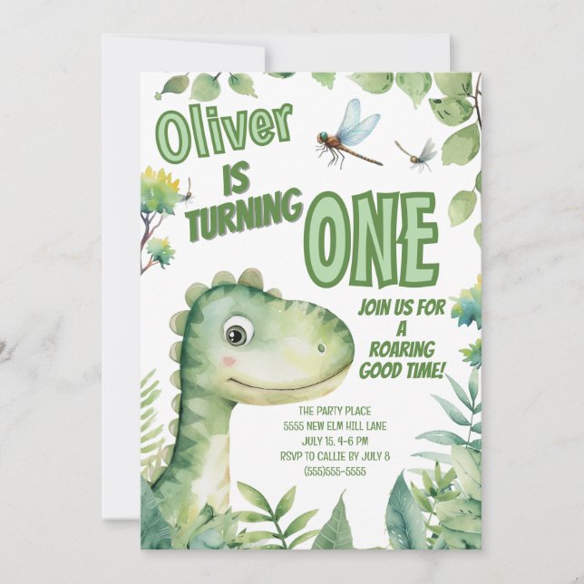 Invitation Le 1er anniversaire du bébé Dinosaur Roaring Bon t (Devant)