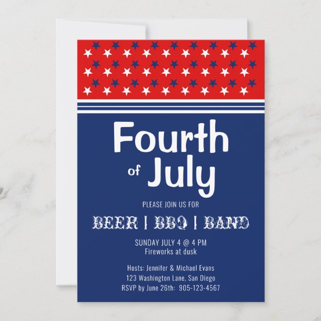 Invitation Le 4 juillet BBQ Rouge Blanc Bleu (Devant)
