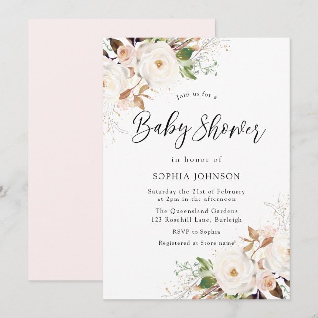 Invitation Le Baby shower blanc de la forêt d'hiver (Devant / Derrière)