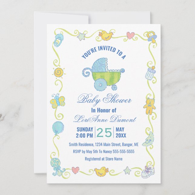 Invitation Le Baby shower bleu et blanc de Sweet Dreams (Devant)