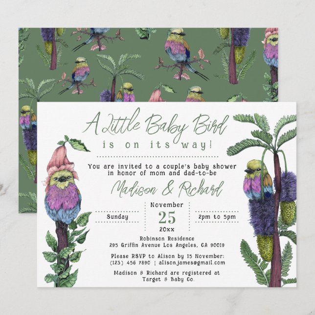 Invitation Le Baby shower de Couple aux oiseaux tropicaux ver (Devant / Derrière)