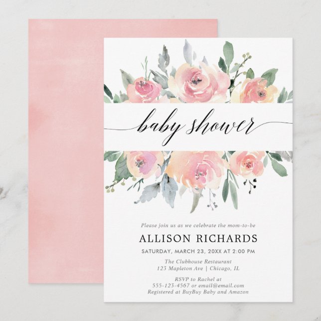 Invitation Le baby shower de fille, élégant rougissent floral (Devant / Derrière)