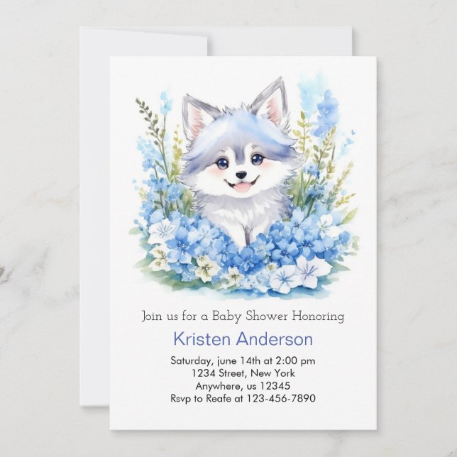 Invitation Le Baby shower de garçon de bois Bleu du loup (Devant)