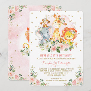 Invitation Le baby shower de jungle de fille rougissent or