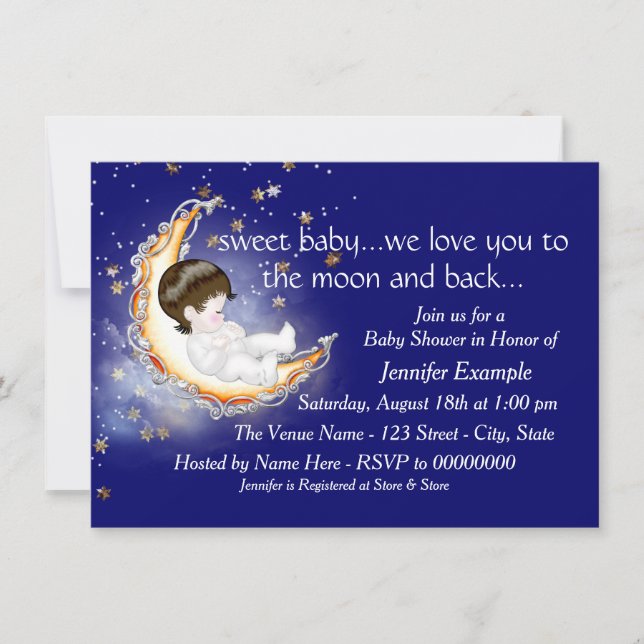 Invitation Le Baby shower de la Lune et du dos (Devant)