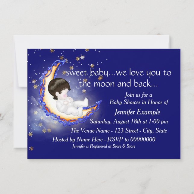 Invitation Le Baby shower de la Lune et du dos (Devant)