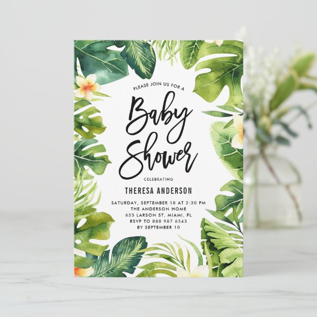 Invitation Le Baby shower de la Plumeria et de la verdure tro (Debout devant)