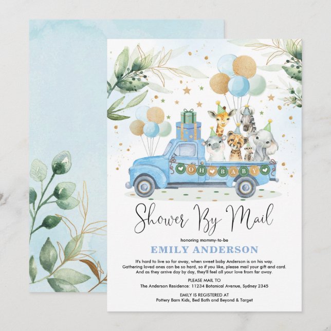 Invitation Le Baby shower de Safari Gold Blue Green Chic par  (Devant / Derrière)
