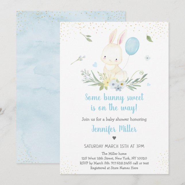 Invitation Le Baby shower de verdure du garçon Bleu Bunny (Devant / Derrière)