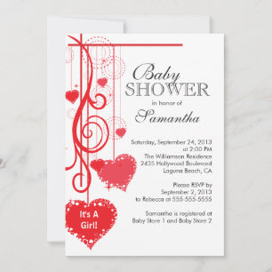Invitation Le Baby shower des Coeurs rouges à la mode