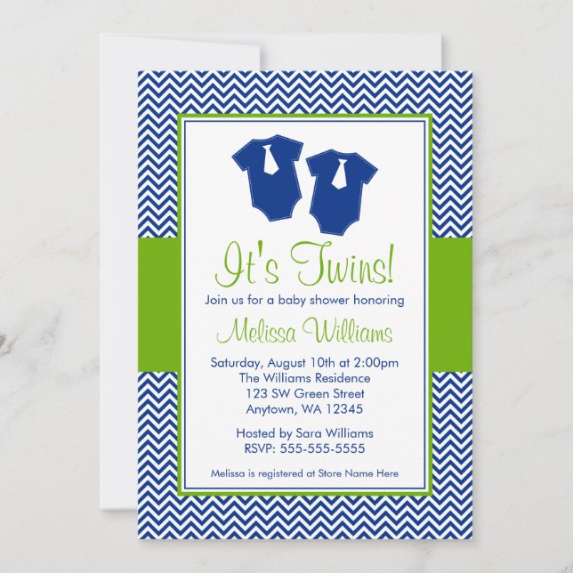 Invitation Le Baby shower des jumeaux bleu Chevron Green (Devant)
