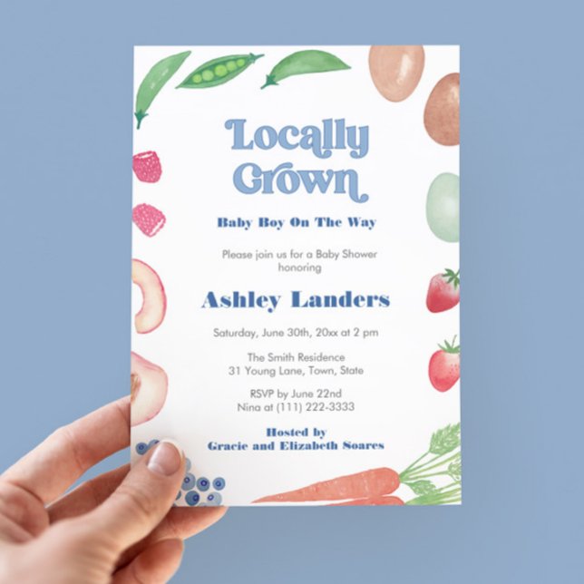 Invitation Le Baby shower des petits garçons du marché agrico (Locally Grown baby boy shower invitation giving a twist on the Farmers Market theme )