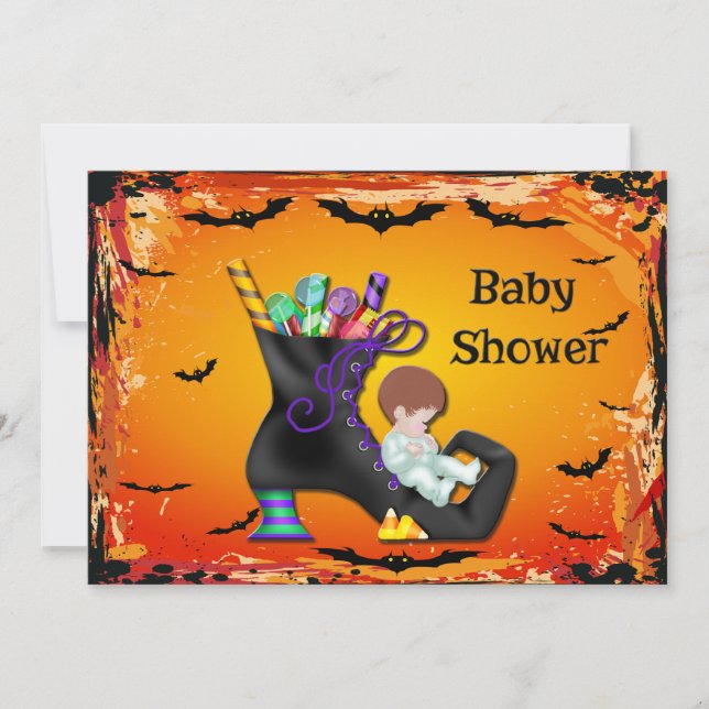 Invitation Le Baby shower d'Halloween sur la sorcière de bonb (Devant)