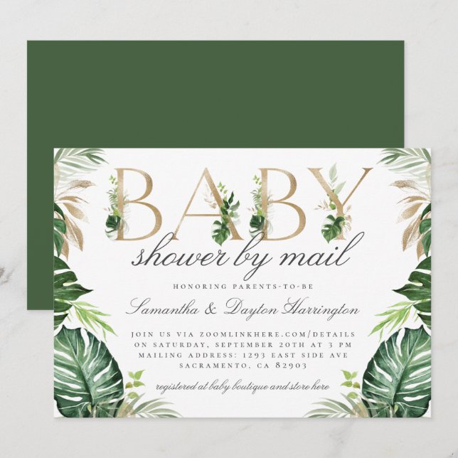 Invitation Le Baby shower d'or Chic Tropical Green par la pos (Devant / Derrière)
