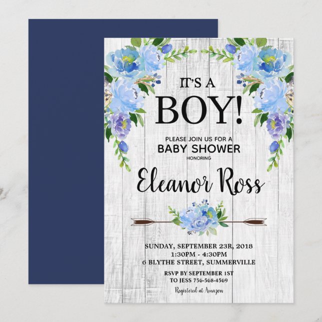 Invitation Le baby shower floral bleu rustique fleurit le (Devant / Derrière)