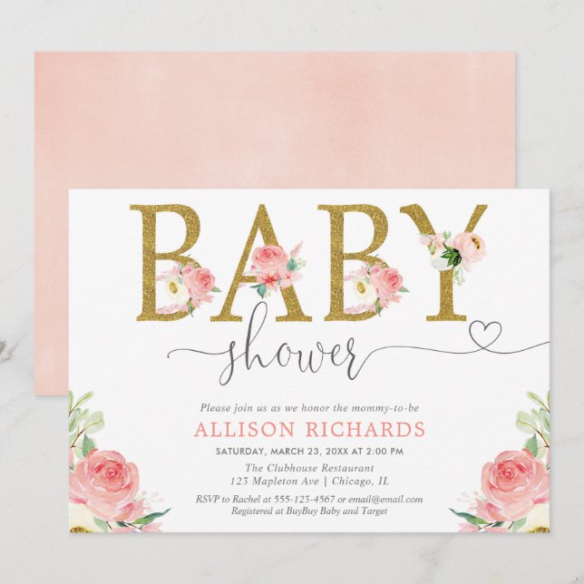 Invitation Le baby shower floral de fille, rougissent or rose (Devant / Derrière)