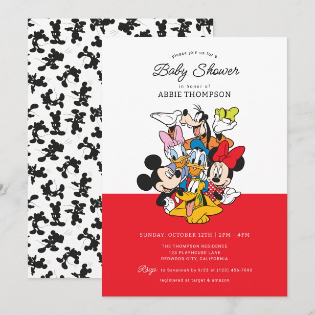 Invitation Le Baby shower Mickey et amis de Disney (Devant / Derrière)