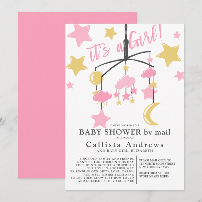Invitation Le Baby shower mobile Girl Moon Stars par la poste (Devant / Derrière)