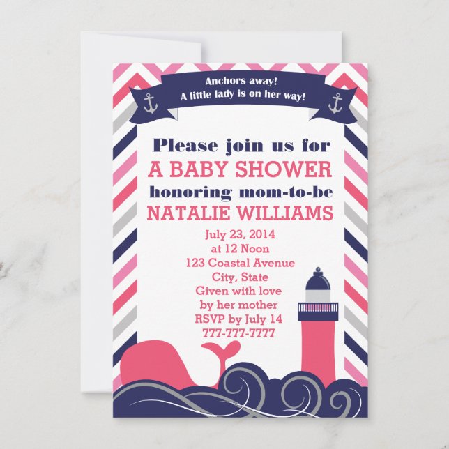 Invitation Le baby shower nautique rose ou arrosent la fille (Devant)