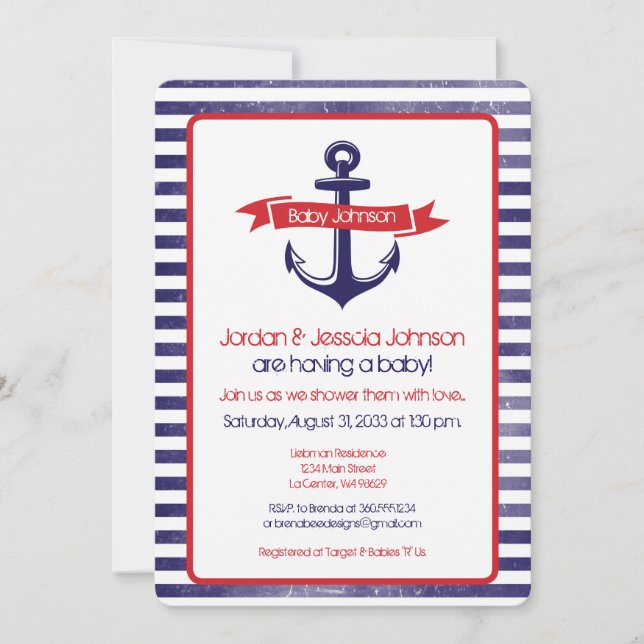 Invitation Le baby shower parti de l'Ancre (Devant)