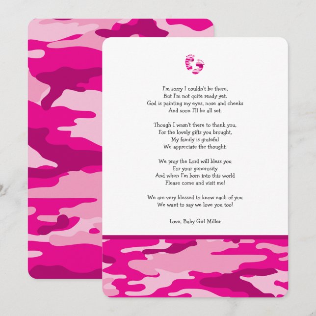 Invitation Le baby shower rose de Camo vous remercient de (Devant / Derrière)