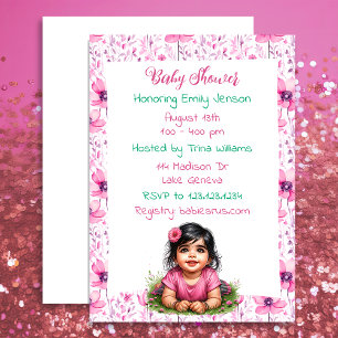 Invitation Le Baby shower rose floral de la fille
