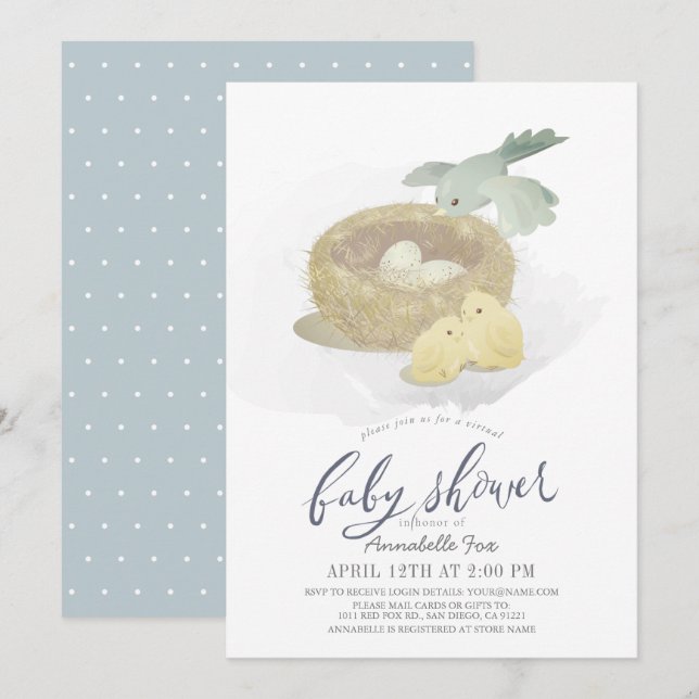 Invitation Le Baby shower virtuel du nid Blue Boy (Devant / Derrière)