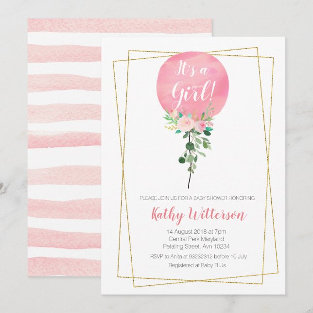 Invitation Le ballon rose C'est un baby shower de fille (Devant / Derrière)