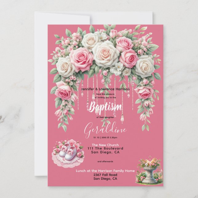 Invitation Le baptême de la fille rose florale (Devant)