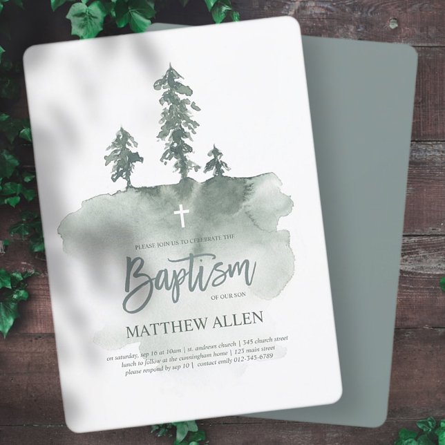 Invitation Le Baptême Pour Lui | Aquarelle Pine Arbres (Créateur téléchargé)
