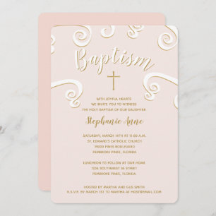 Invitation Le baptême se répand en rose et en or