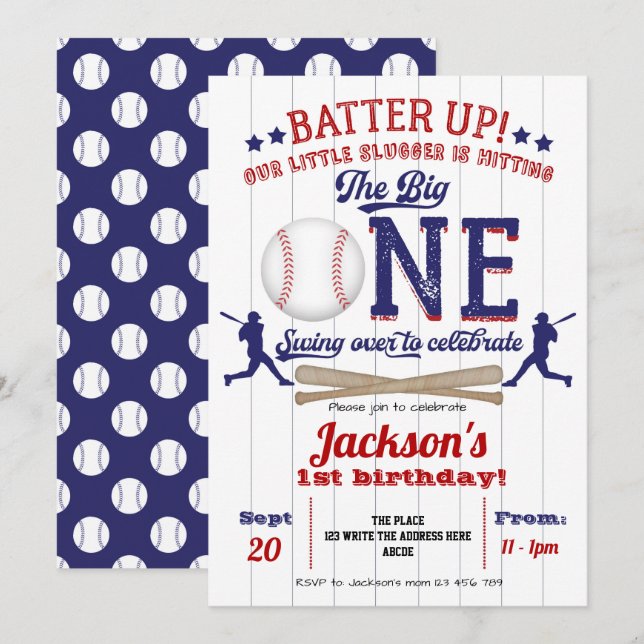 Invitation Le baseball, le gros, le garçon, 1er anniversaire (Devant / Derrière)