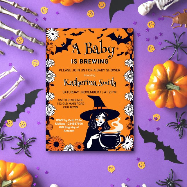 Invitation Le bébé baby shower d'Halloween est en train de br (Halloween baby is brewing baby shower template invitation instant download cute witch bats retro)