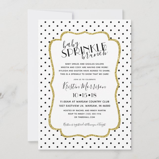 Invitation Le bébé blanc de Polkadot d'or noir arrosent (Devant)