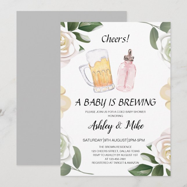 Invitation Le bébé brasse des bières et des coeurs Baby showe (Devant / Derrière)