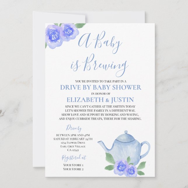 Invitation Le bébé brasse la théière bleue par Baby shower (Devant)