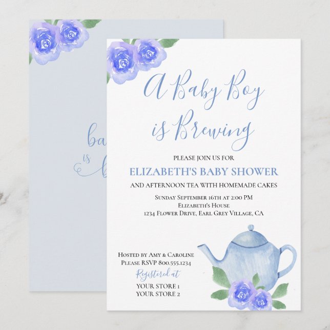 Invitation Le bébé brasse le Baby shower de garçon de thé ble (Devant / Derrière)