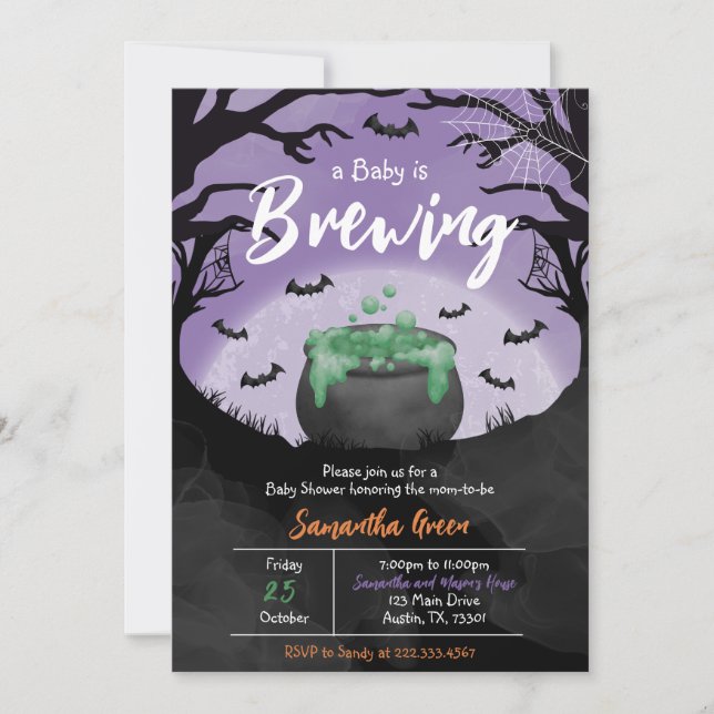 Invitation Le bébé brasse le Baby shower d'Halloween violet (Devant)